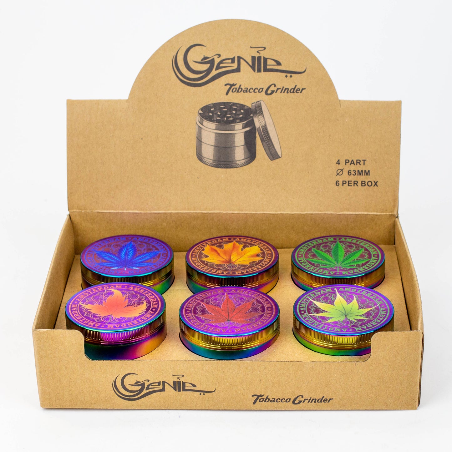 GENIE 4 parts 63 mm Leaf rainbow metal grinder Box of 6_0